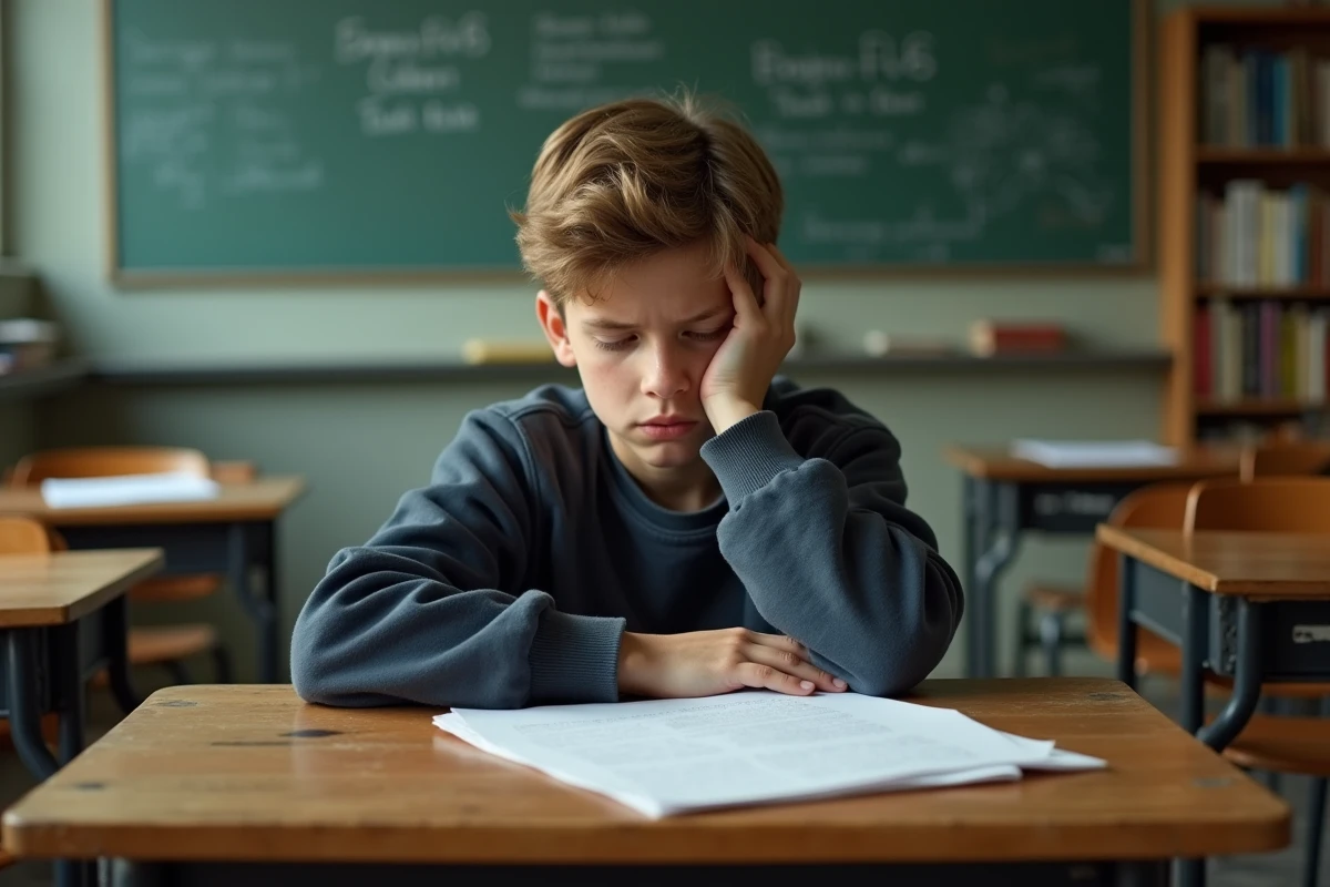 Jeune garçon assis à un bureau en classe silencieuse