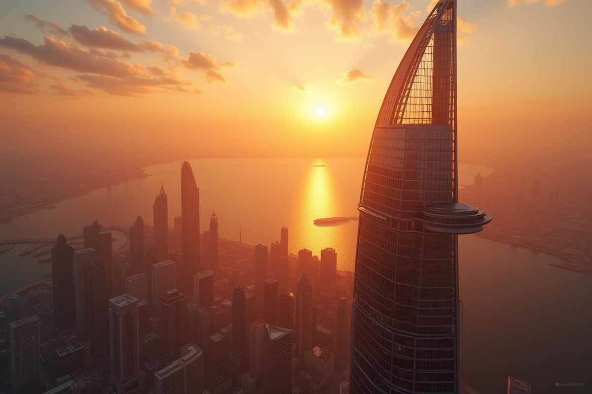 Tour Almas au coucher du soleil avec la ville en arrière-plan