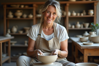 Artisane en poterie façonnant un bol en argile dans son atelier