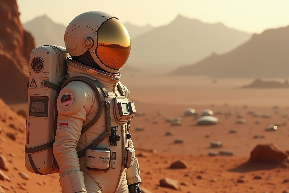 Jeune femme astronaute sur Mars en combinaison moderne