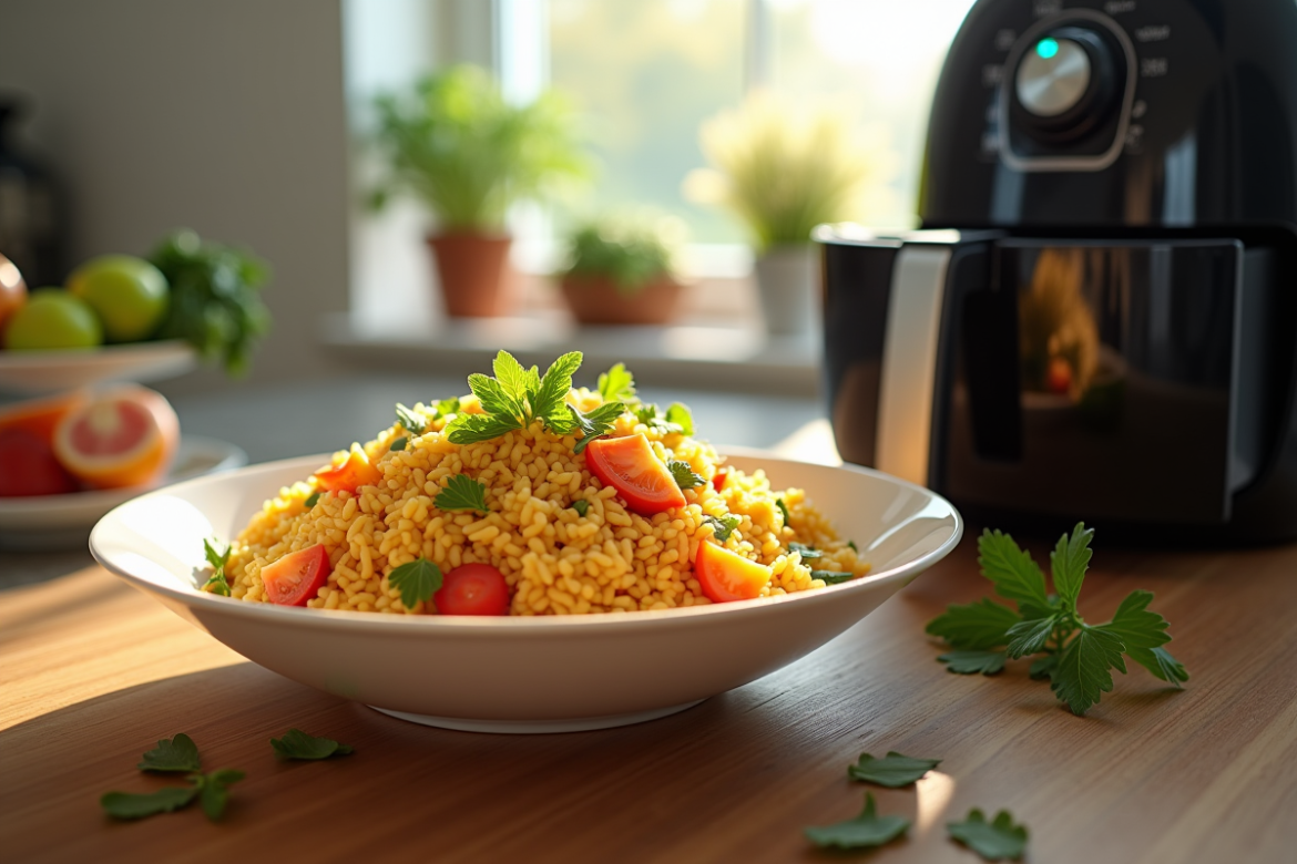 Bol de riz doré et moelleux avec herbes et légumes frais