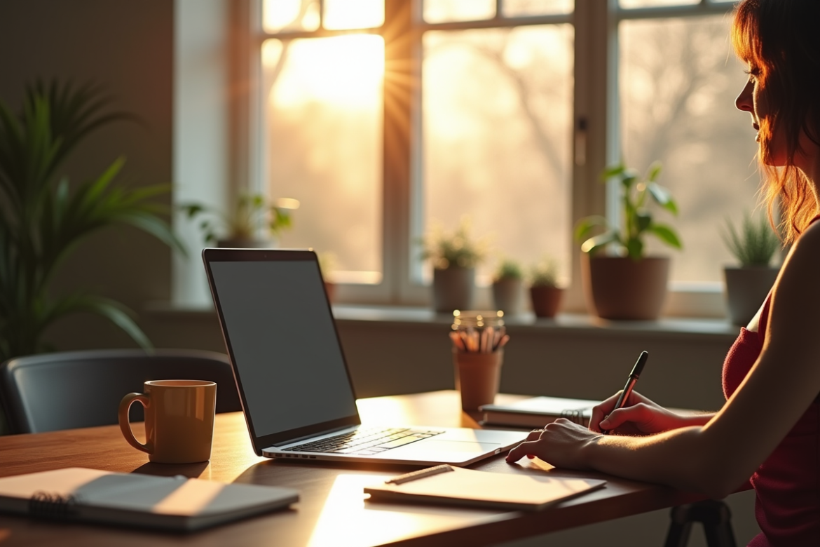 Bureau à domicile lumineux avec ordinateur et plantes