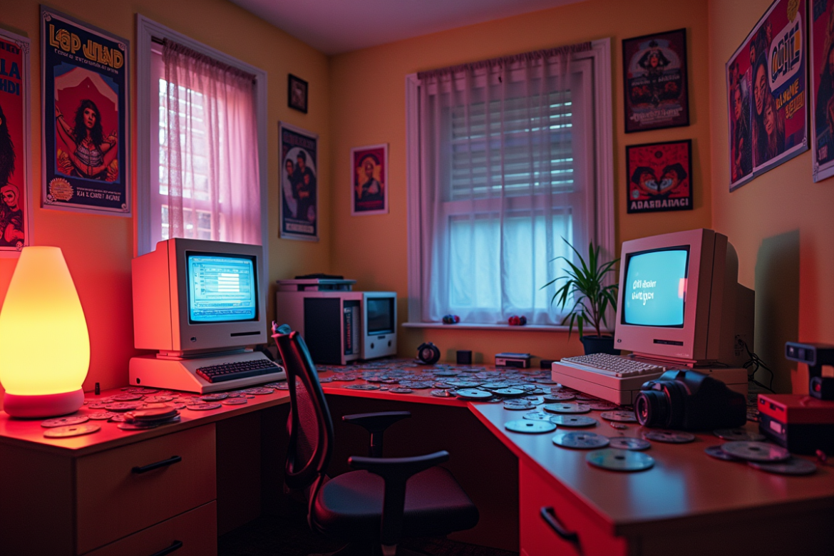 Chambre d'adolescent des années 90 avec posters et déco colorée