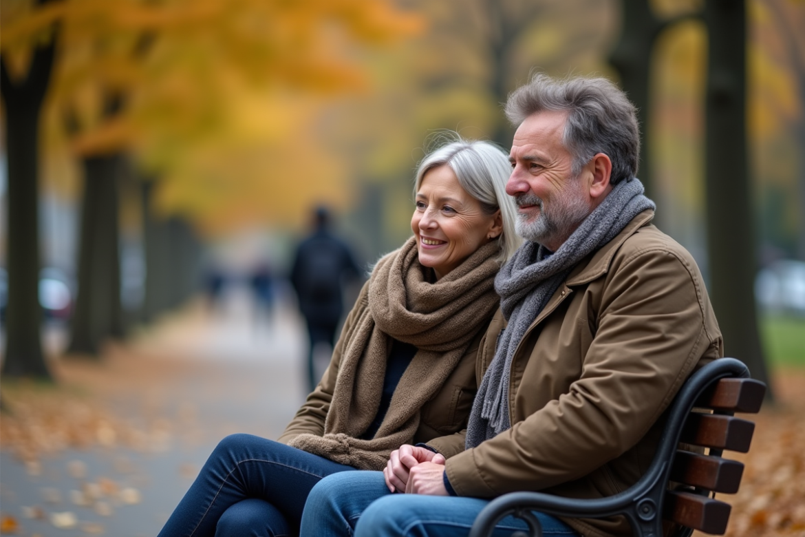 Couple d'adultes assis sur un banc dans un parc en automne