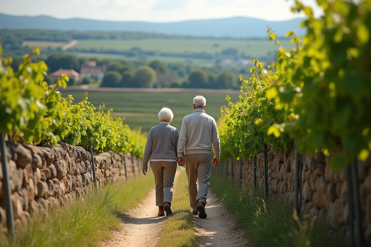 Couple retraité marchant dans un vignoble près de Bordeaux