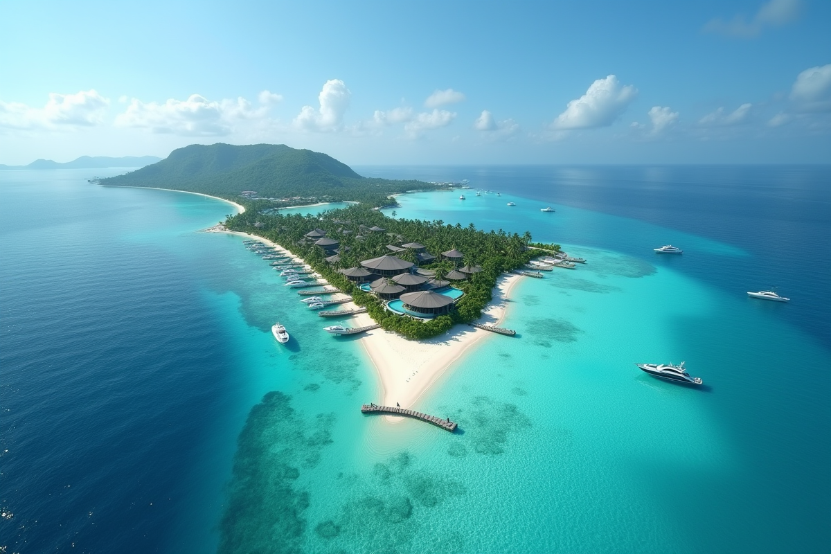Côte tropicale avec yachts et villas de luxe vues du ciel