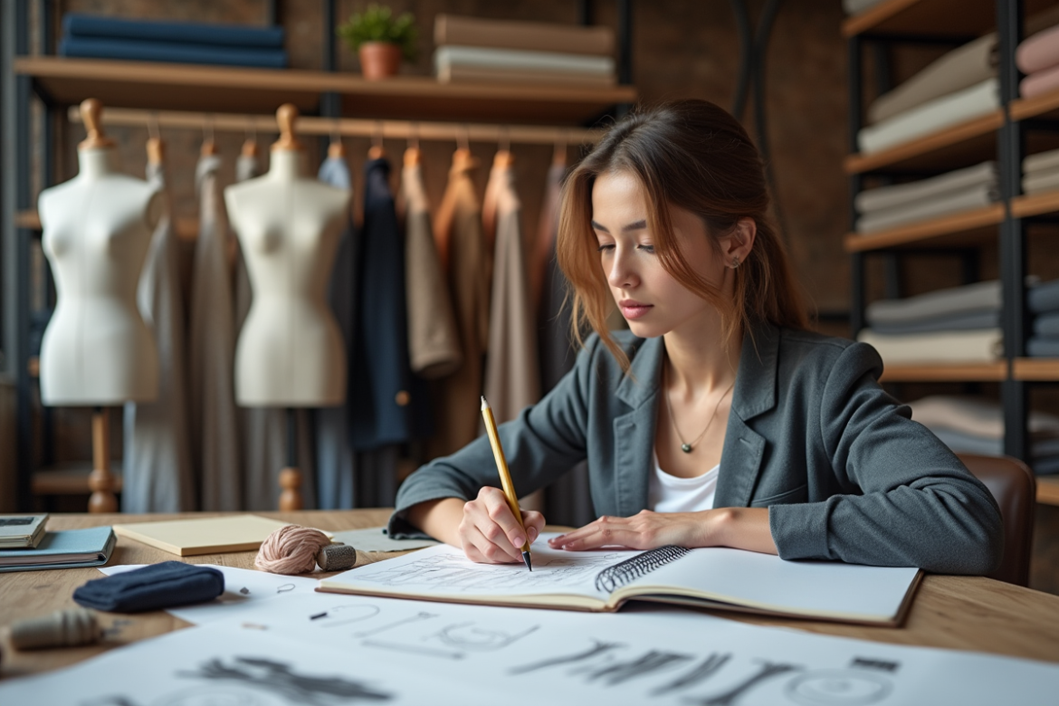 Créatrice de mode esquissant des concepts dans son atelier
