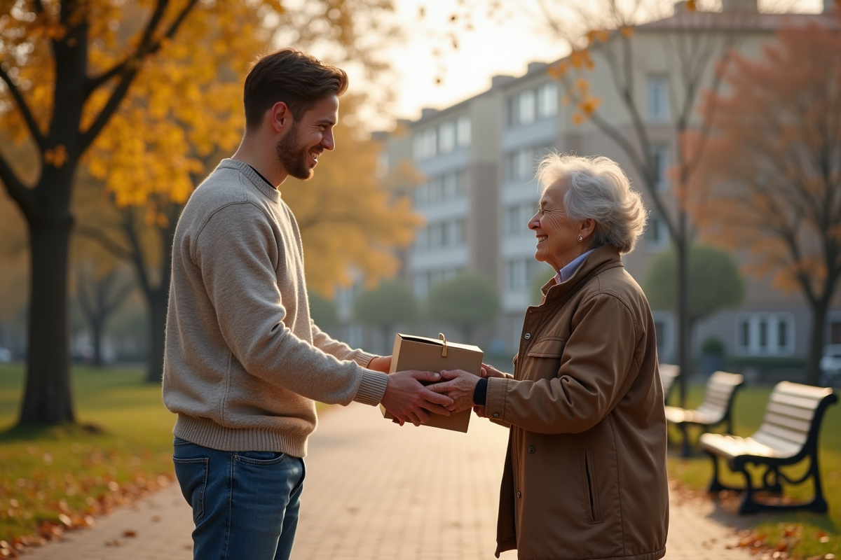Jeune homme donnant une boîte de dons à une femme âgée dans un parc en automne