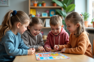 Groupe d'enfants jouant à un jeu éducatif en classe