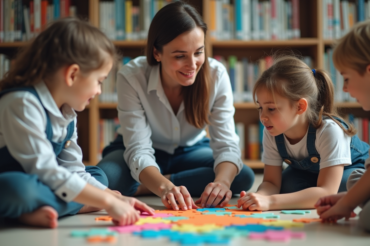 Enseignante aidant des élèves avec un puzzle scientifique