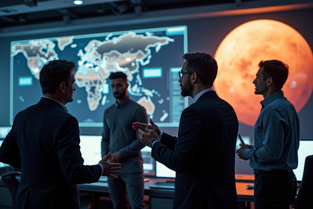 Groupe de scientifiques et ingénieurs en réunion