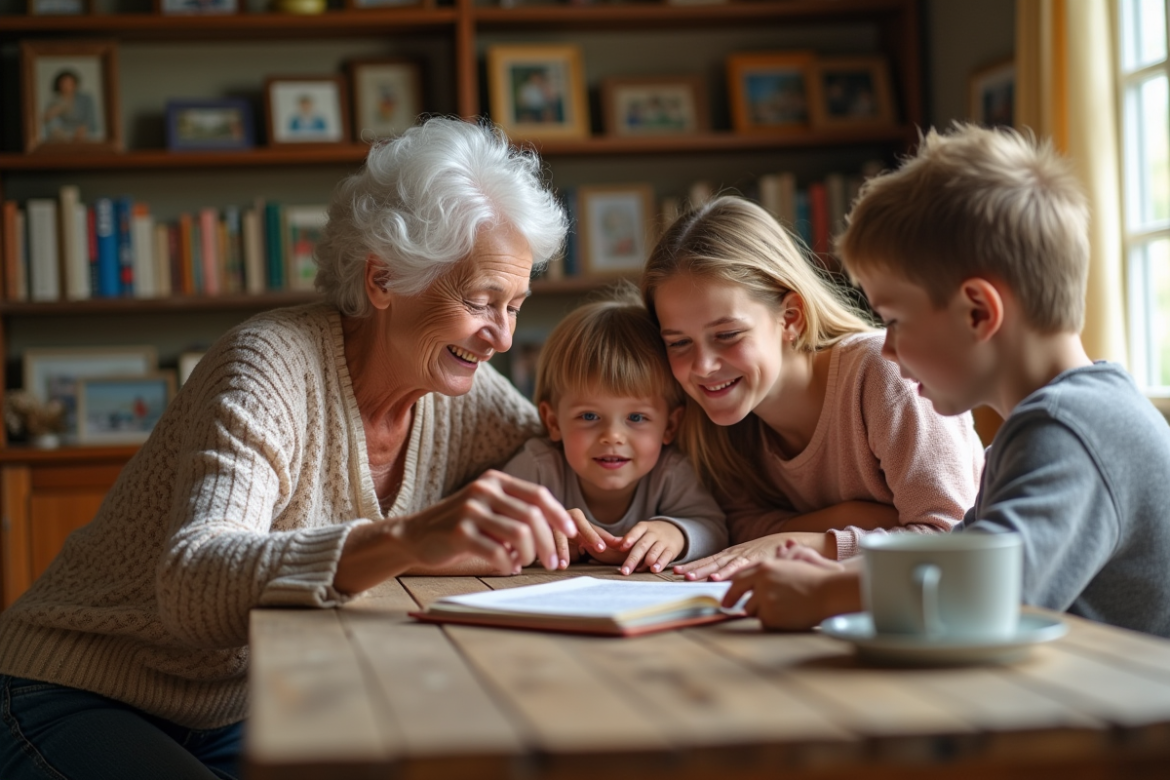 Trois générations de famille française partageant un repas convivial