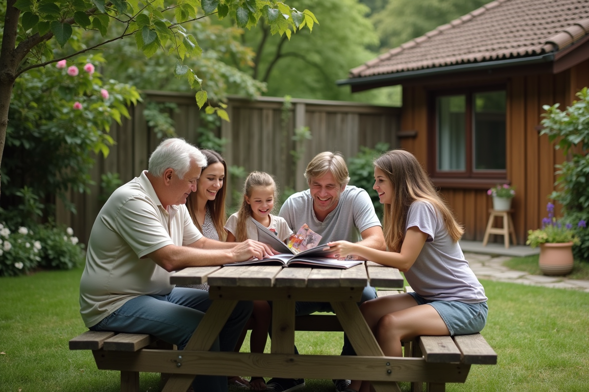 Famille multigénérationnelle riant dans un jardin en plein air