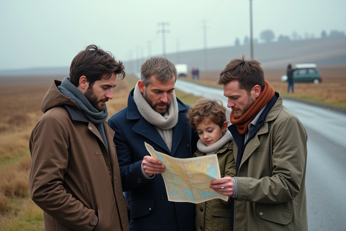 Famille consultent une carte dans un paysage rural