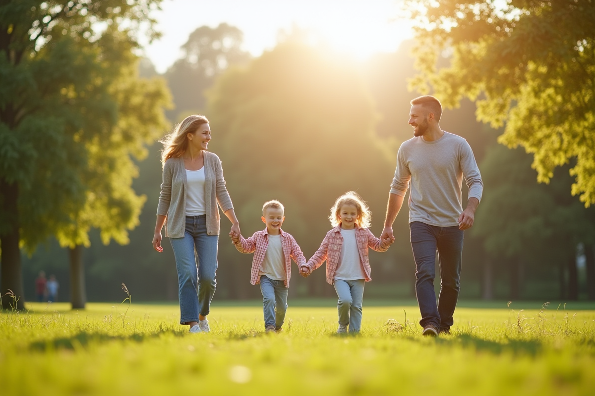 Famille marchant main dans la main dans un parc ensoleille