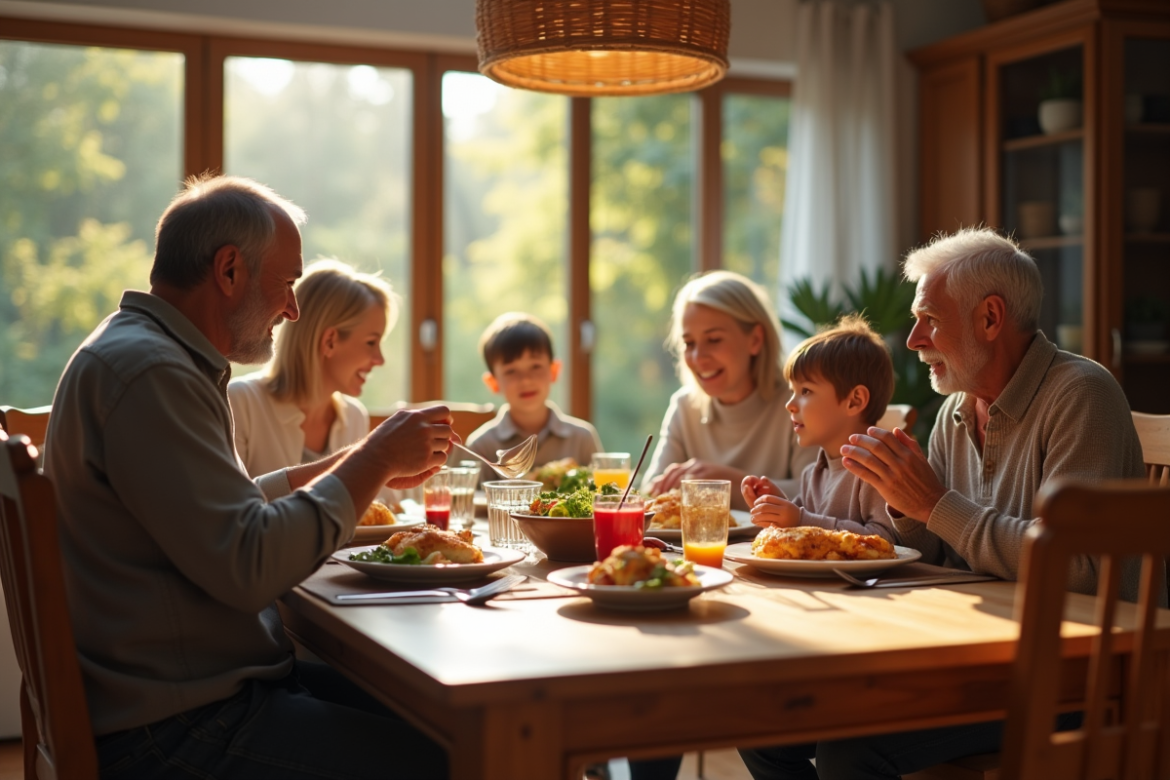 Famille multigenerational partageant un repas convivial