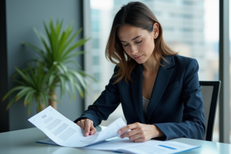Femme d'affaires en suit navy examine des documents ESG