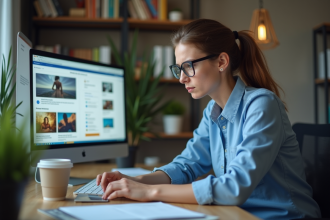 Jeune femme au bureau regardant l'écran d'ordinateur
