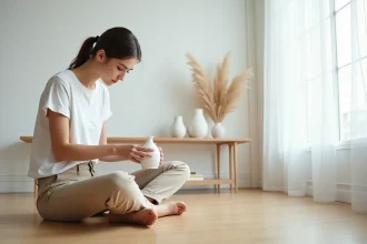 Jeune femme arrangeant un vase en céramique dans un salon lumineux
