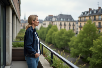 Femme en jean et veste sur balcon d'un appartement écologique à Nantes