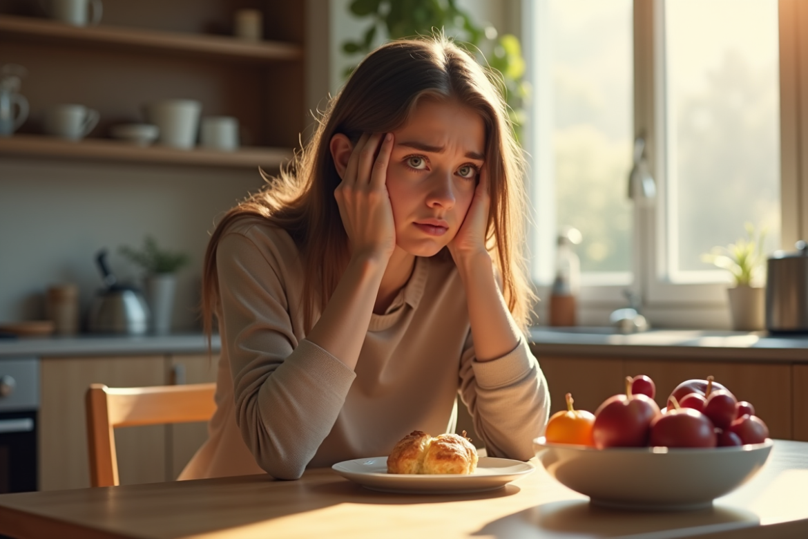 Jeune femme fatiguée au petit déjeuner ensoleillé