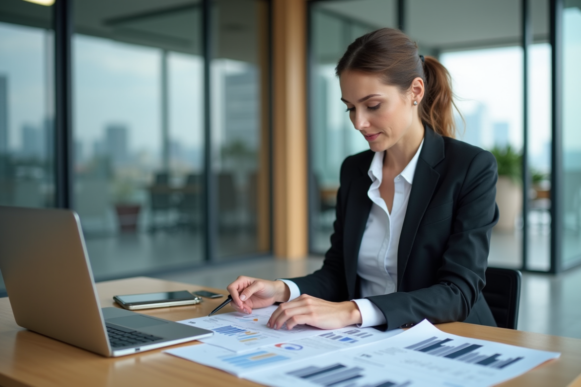 Femme confiante étudiant des rapports immobiliers au bureau