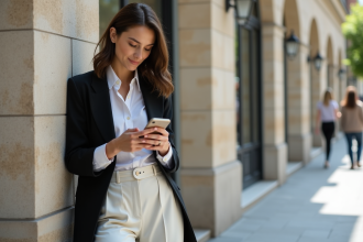 Femme élégante en blazer oversized dans un décor urbain