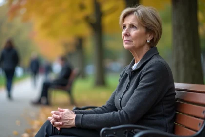 Femme d'âge moyen assise seule dans un parc en automne