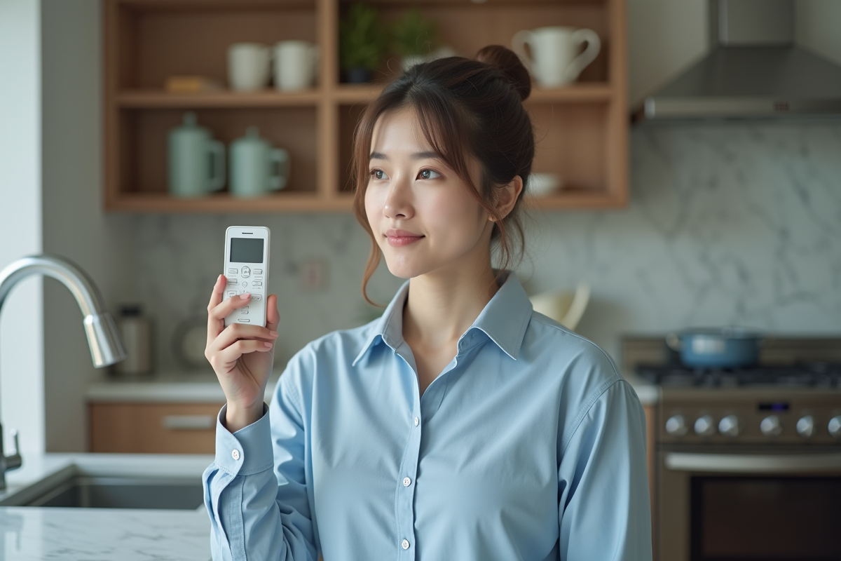 Jeune femme examinant une télécommande Fujitsu dans la cuisine
