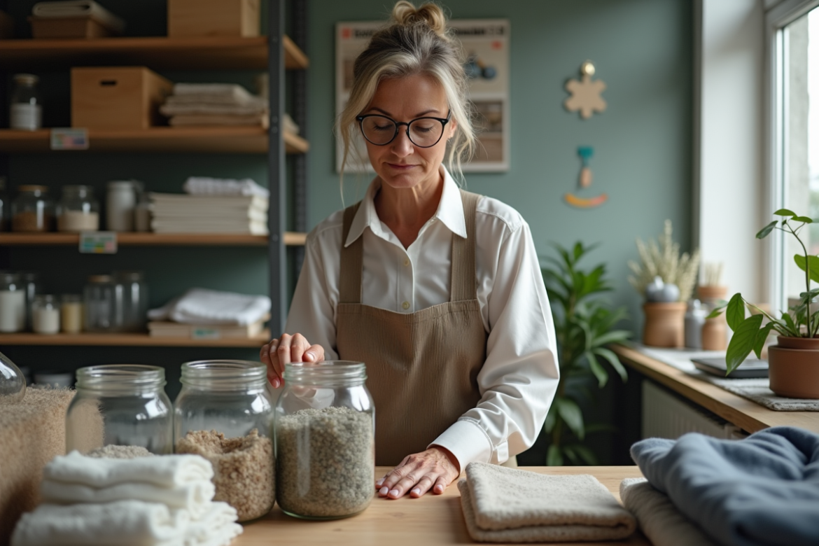 Femme examinant des textiles recyclés dans un espace organisé