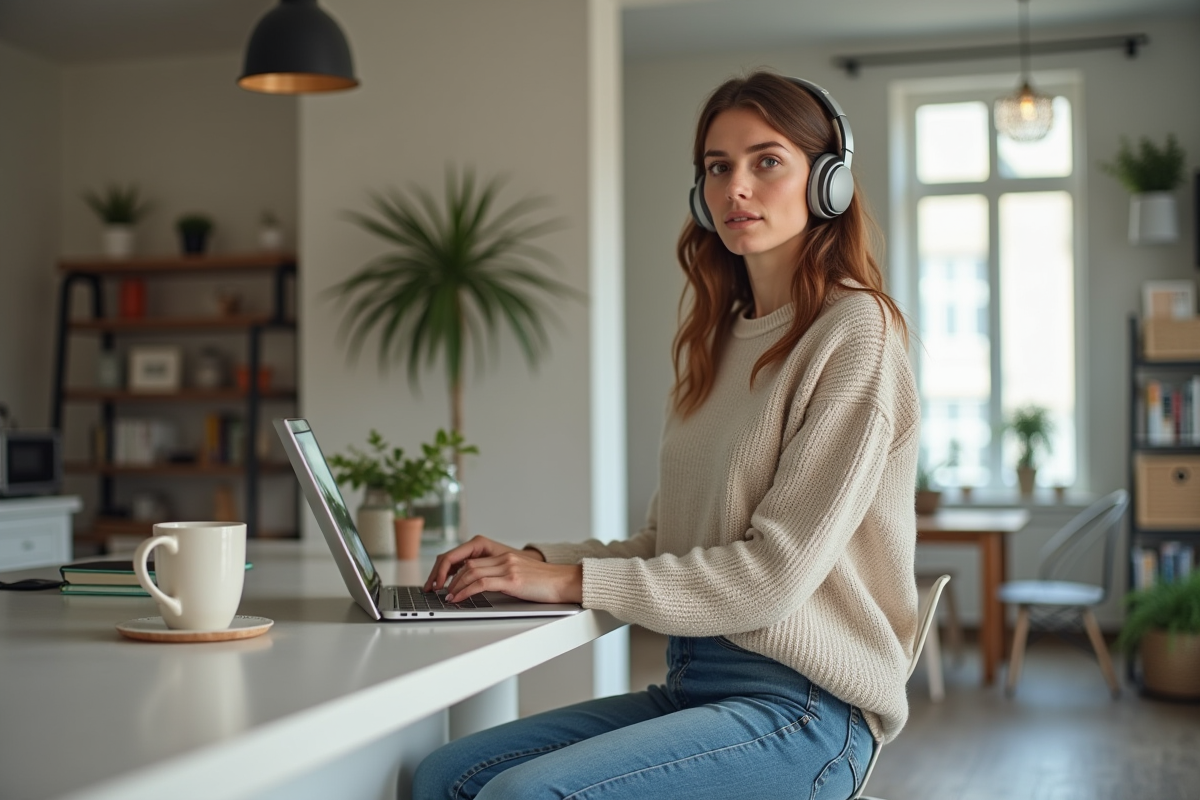 Femme en visioconference dans un espace de travail à domicile