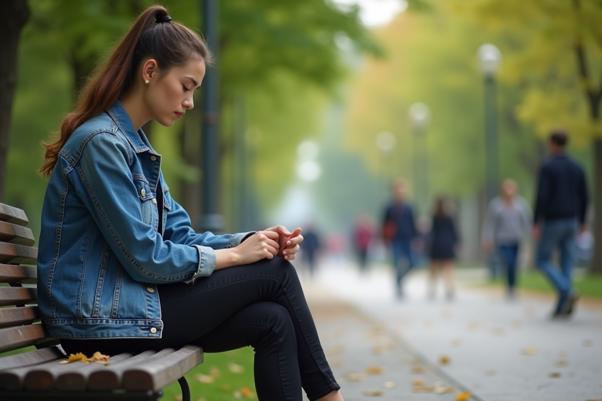 Jeune femme assise dans un parc urbain en pleine réflexion