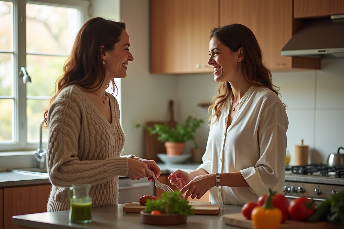 Deux femmes discutant en cuisine chaleureuse et moderne