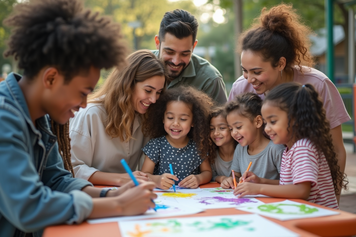Groupe divers d adultes et enfants lors d une activité artistique en plein air