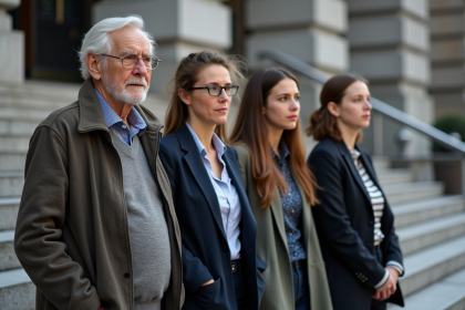 Quatre personnes diverses sur les marches d'un bâtiment public