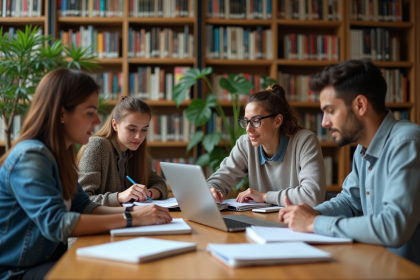 Groupe d'étudiants dans une bibliothèque moderne