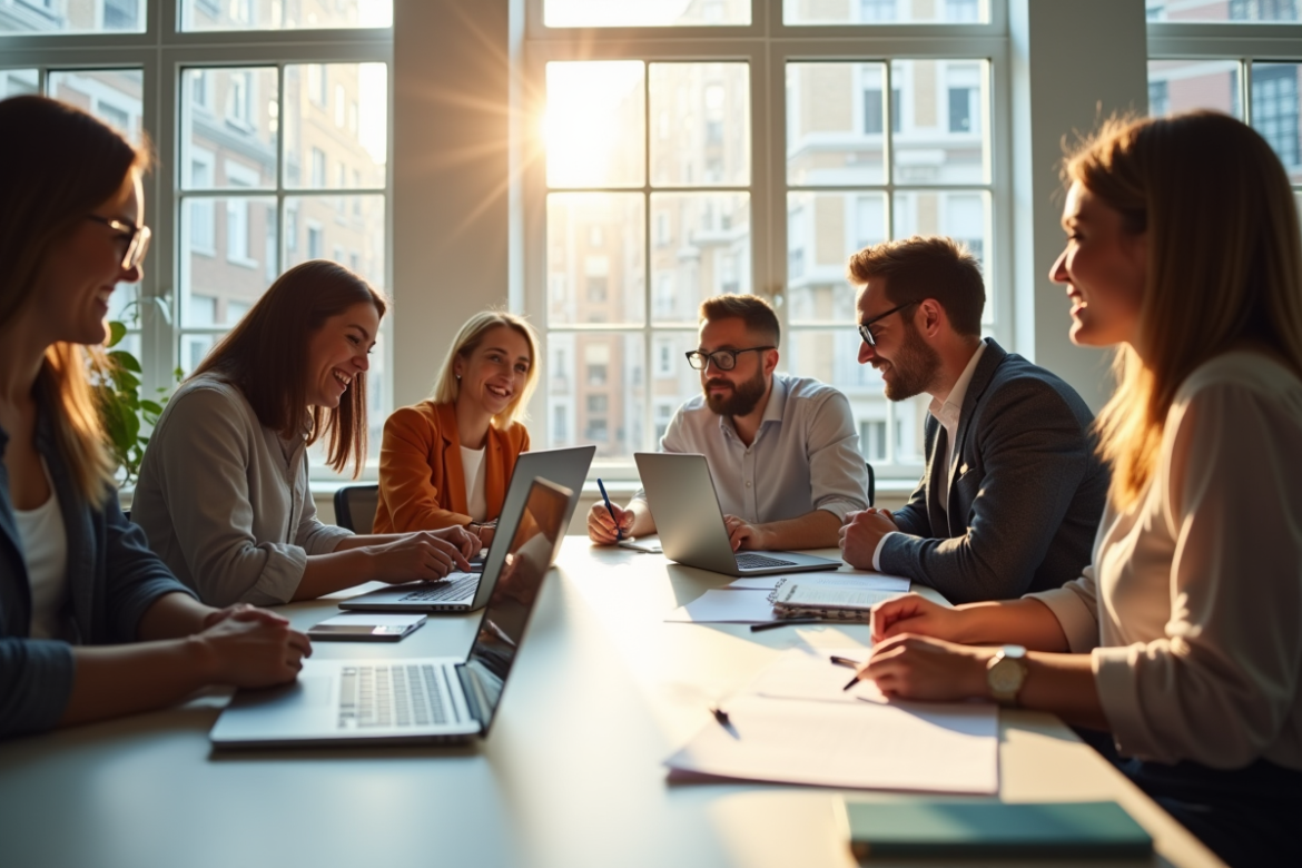 Groupe de professionnels collaborant dans un bureau lumineux