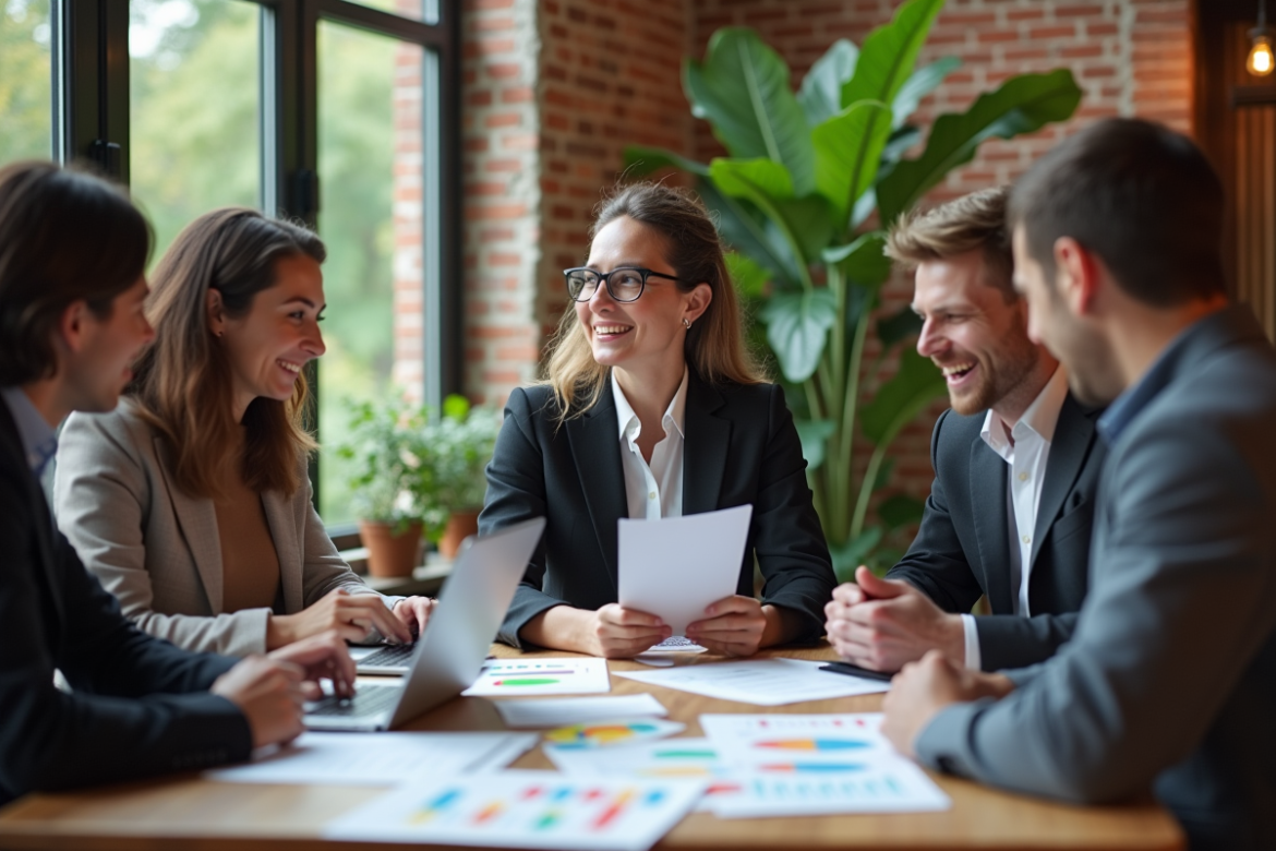Groupe d'adultes divers en réunion de travail en bureau moderne