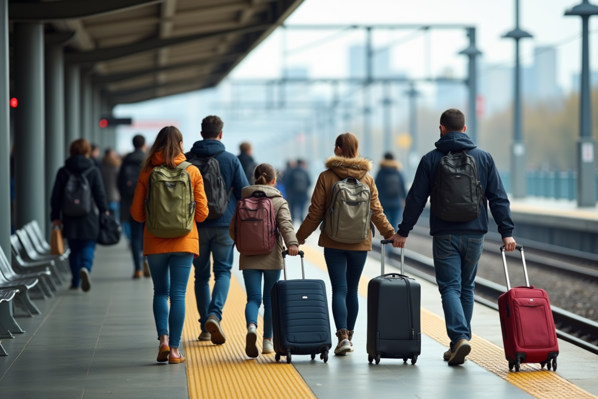 Groupe de voyageurs dans une gare urbaine animée