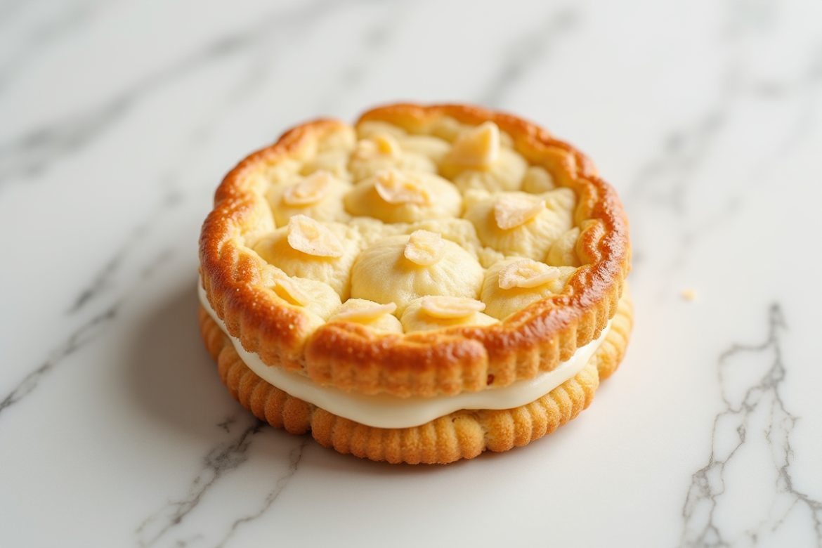 Gâteau joconde doré avec amandes sur marbre blanc