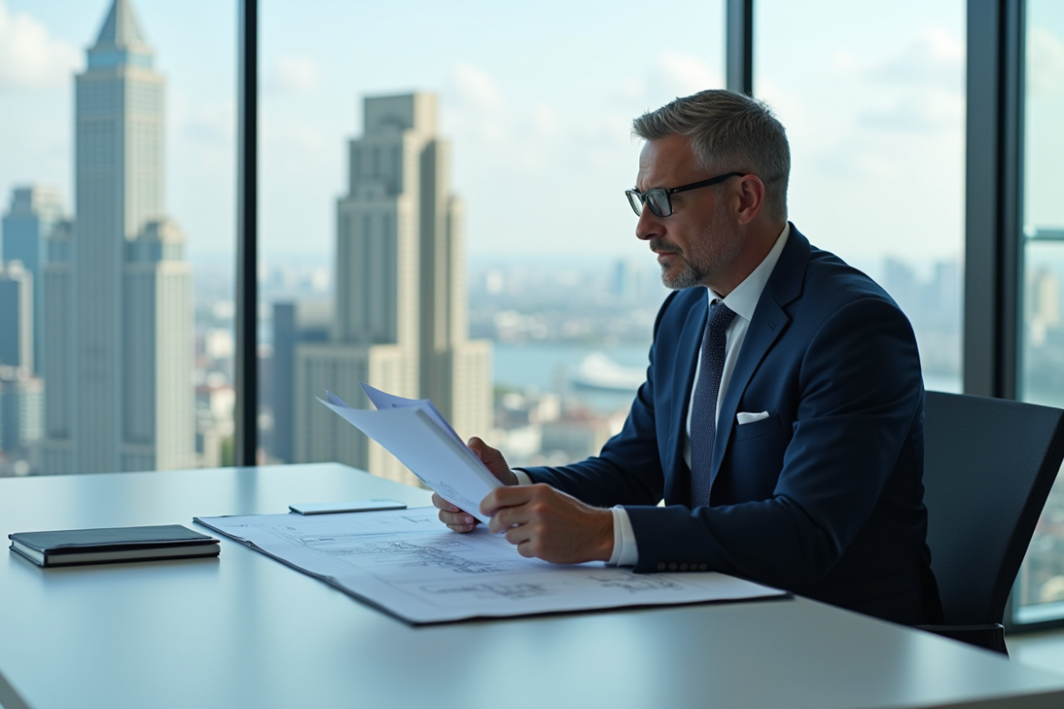 Homme d'affaires en costume bleu dans un bureau moderne