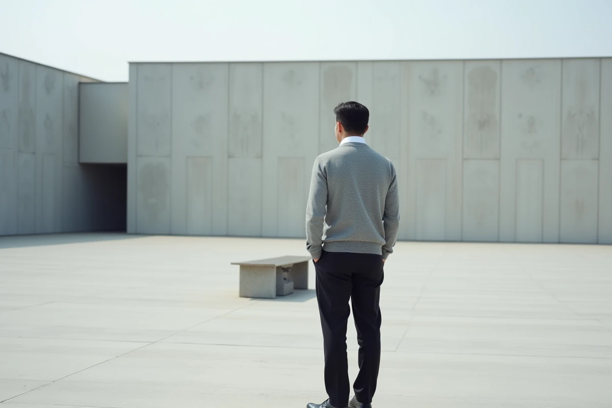 Homme regardant un banc sculpté sur une place en plein air