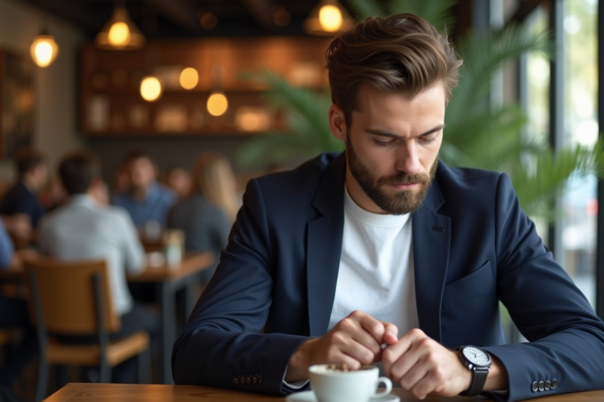 Homme en blazer dans un café cosy
