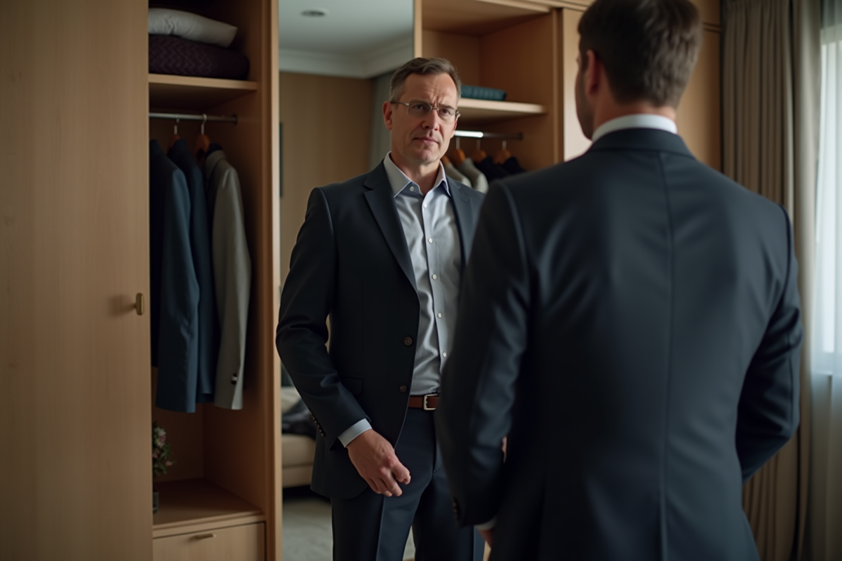 Homme en costume choisissant une chemise dans sa penderie