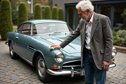 Homme âgé polissant une voiture classique vintage