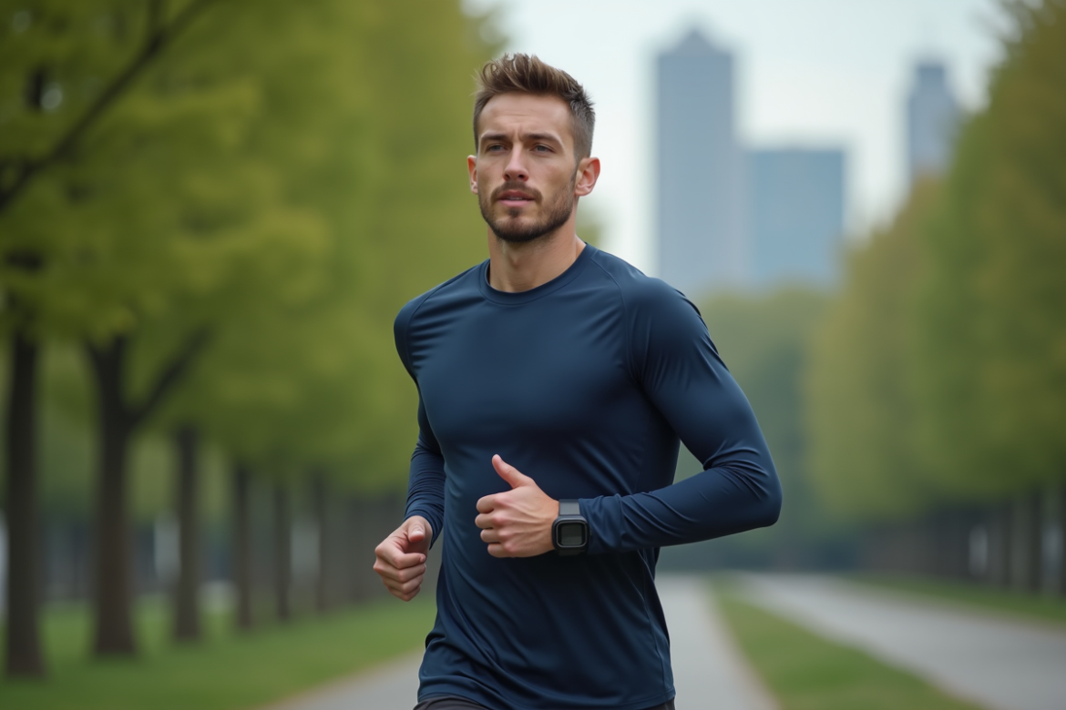 Jeune homme sportif en course dans un parc urbain