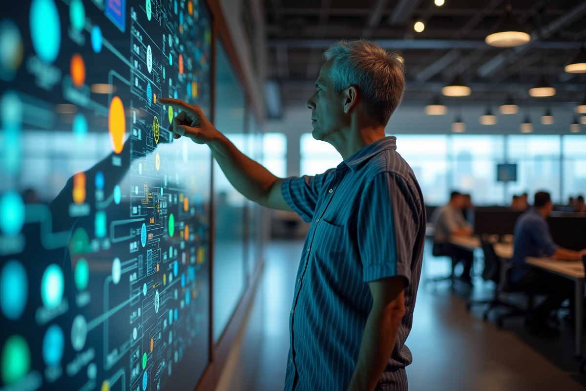 Homme pointant des icônes colorées sur un grand écran tactile