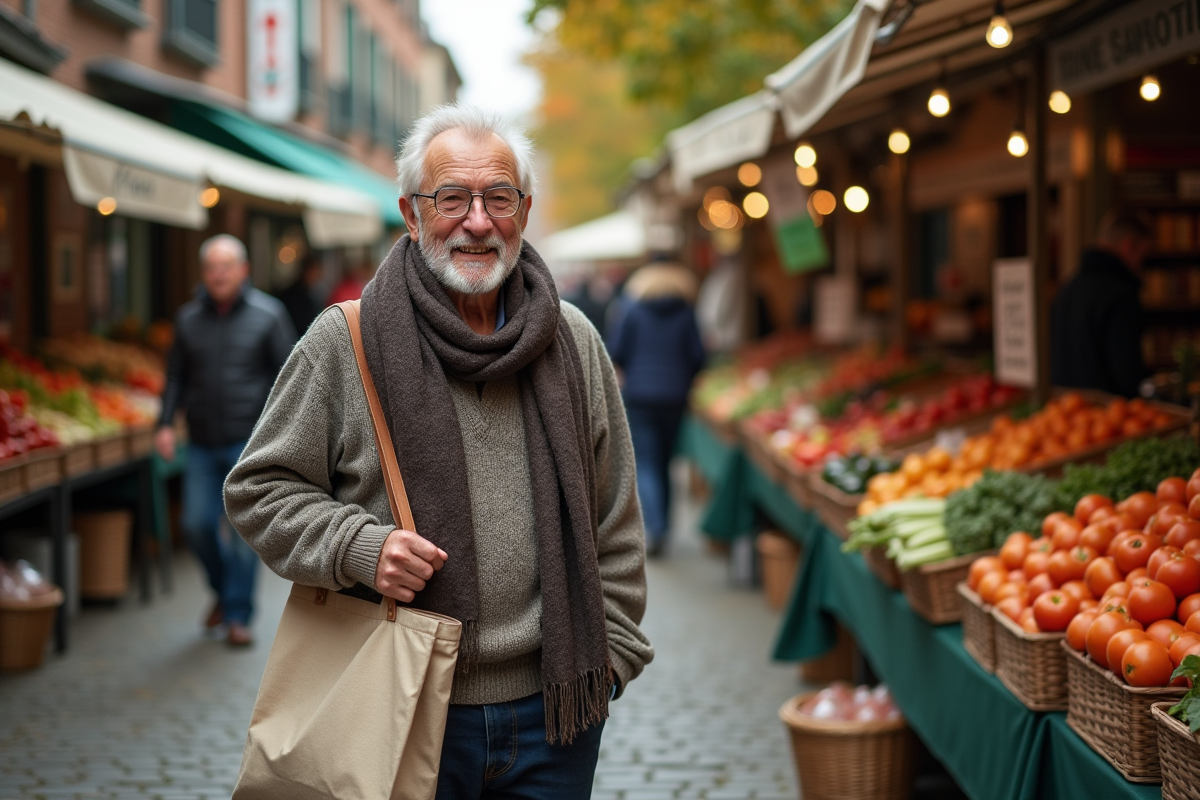 Homme âgé avec sac en toile dans un marché bio animé