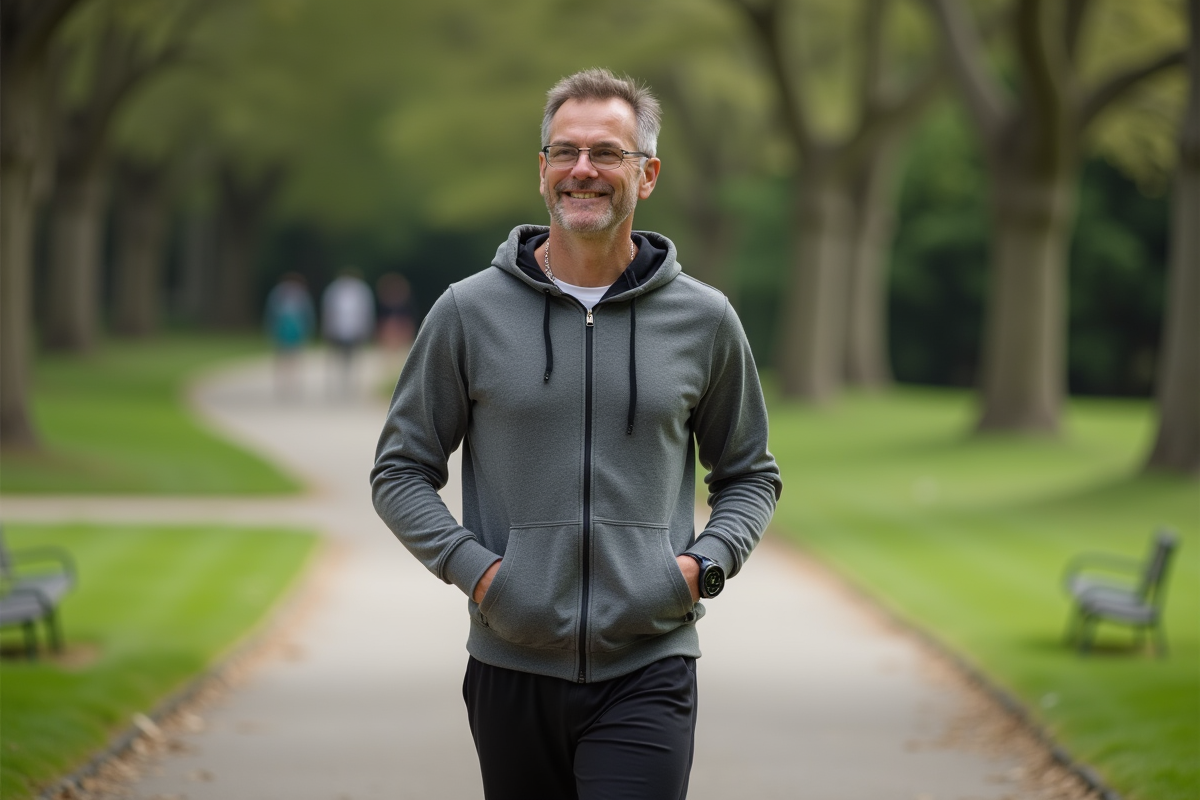 Homme en jogging dans un parc suburbain tranquille