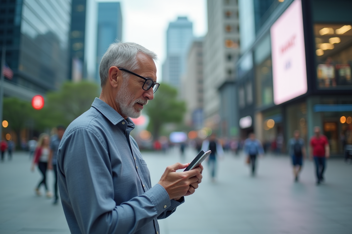 Homme d age parlant au smartphone dans une place urbaine